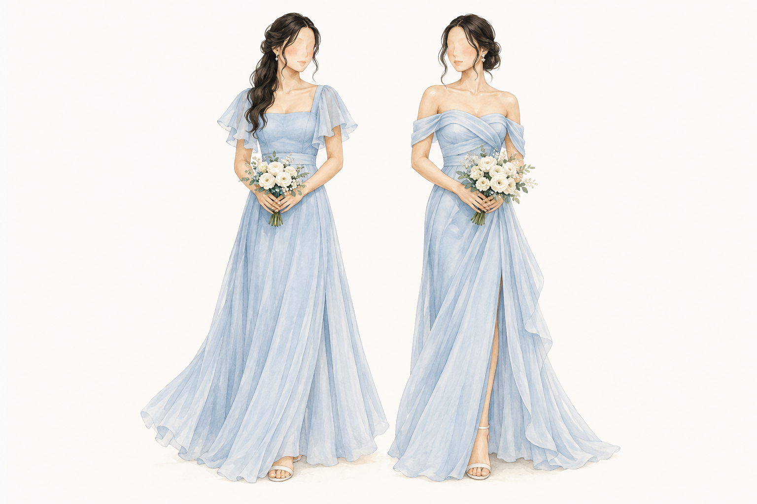 Watercolor bridesmaids in two flowing baby powder blue gowns with white bouquets