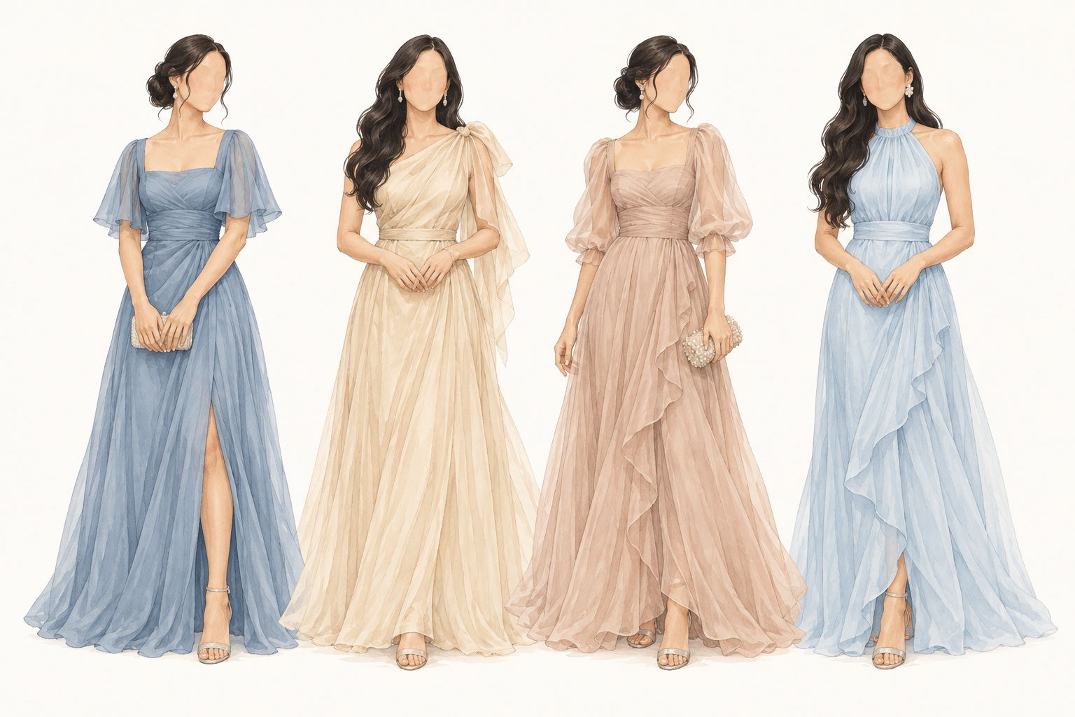 Watercolor guest dress inspiration, from left to right: dusty blue, champagne, nude, and pastel blue
